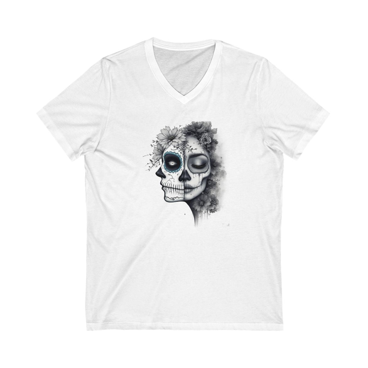Artistic Skull Design on White V-Neck T-Shirt product type