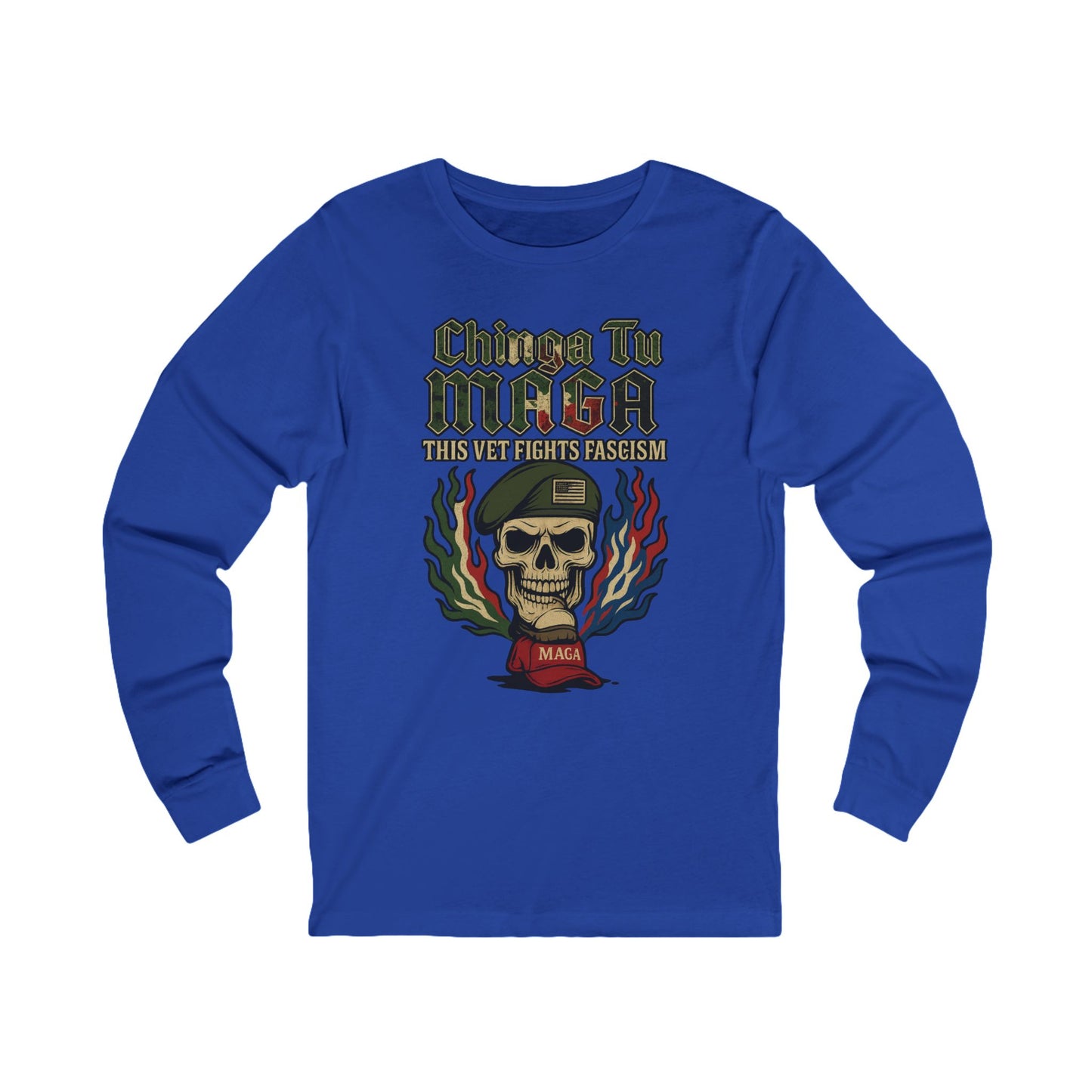 Chinga Tu Maga Skull & Flames Graphic Military Vet Tee Long Sleeve Tee