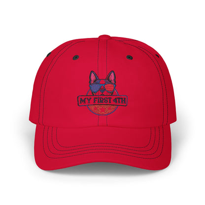 Patriotic Dog Dad Cap - 'My First 4th' Embroidered White Hat