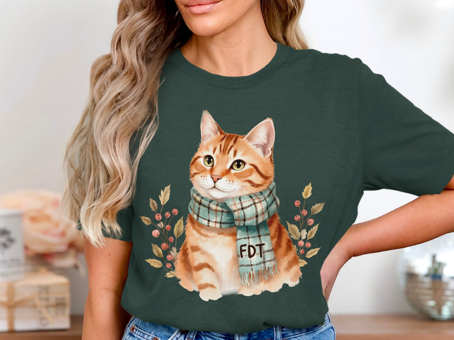 Cute Cartoon Cat With Scarf Design T-shirt