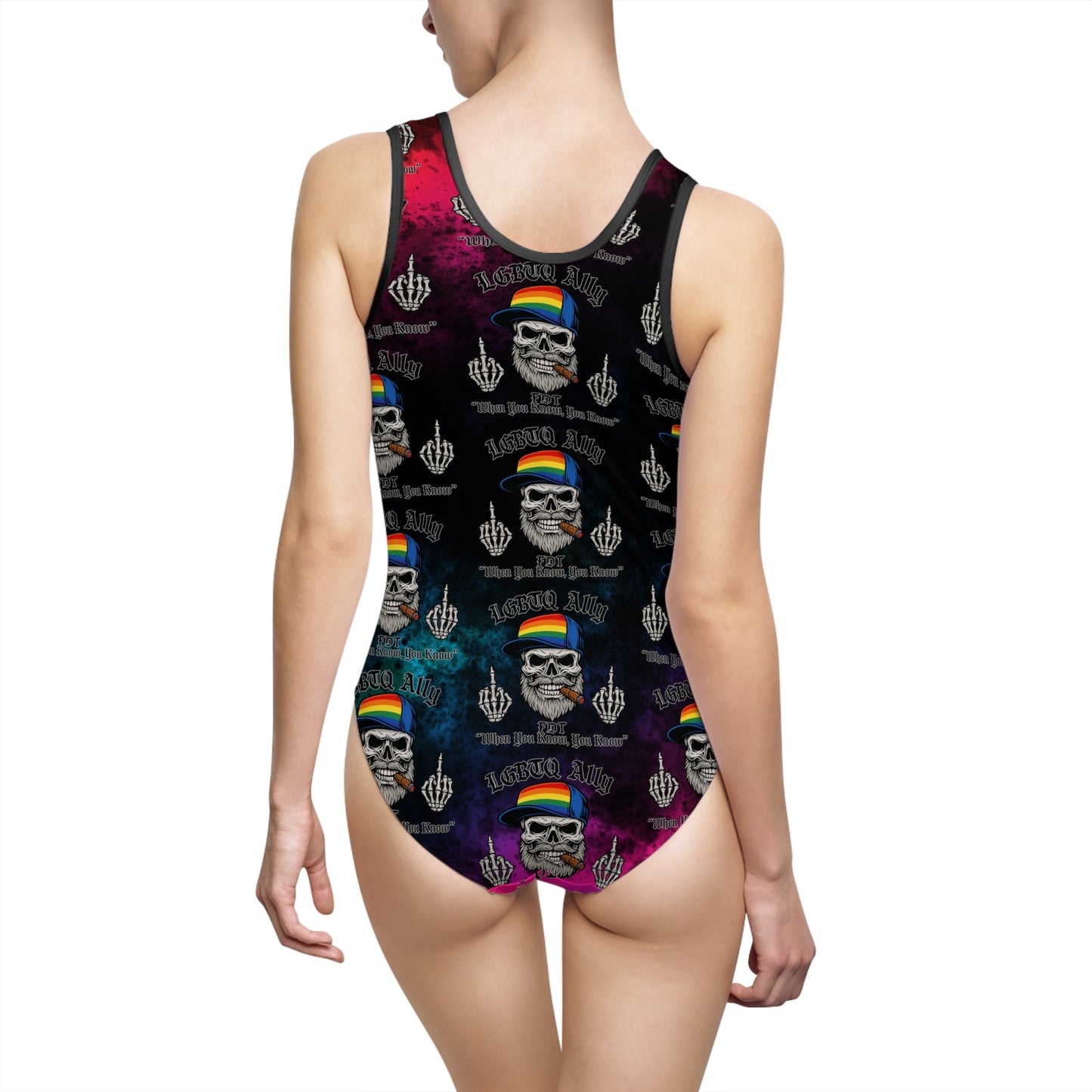 Pride LGBTQ Swimsuit, Bold Skull Rainbow One-Piece Swimsuit, Summer Swimwear, Beach Outfit, Pool Party Apparel, Trendy Bathing Suit, Vibrant Beachwear