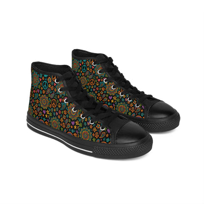 Boho Floral Sneakers | Stylish High-Top Shoes for Women, Peace and Love Design, Festival Footwear, Everyday Comfort, Unique Gift Ideas