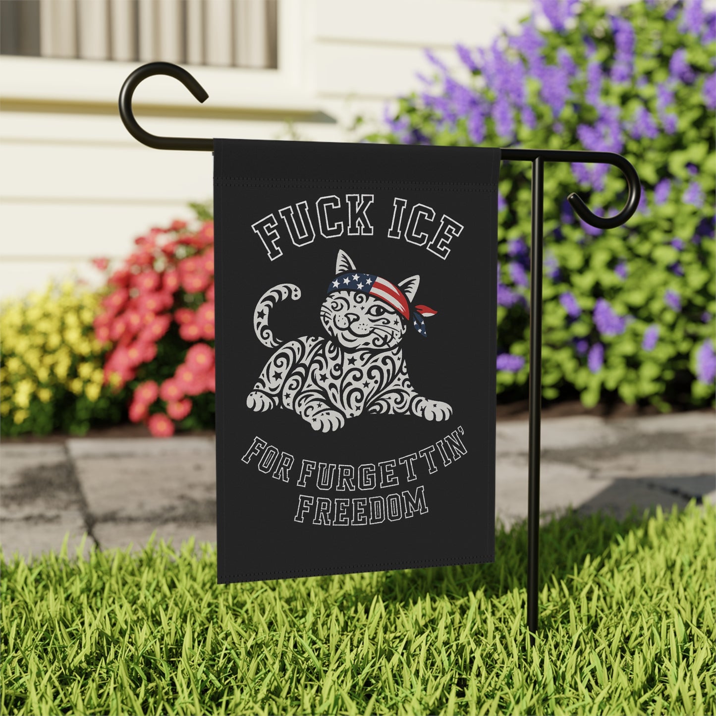 Garden Flag - "F*** ICE For FURGETTIN' Freedom" Patriotic Cat Decorative Banner