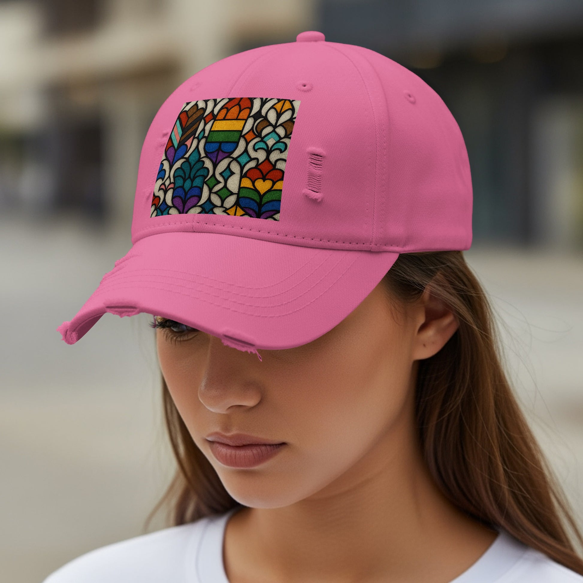 Colorful Graphic Design on Pink Distressed Cap product