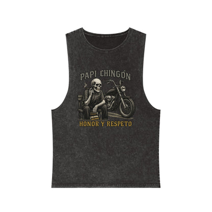 Unisex Stonewash Tank Top - Papi Chingón Skull Design, Casual Summer Wear, Motorcycle Lover Gift, Festival Outfit, Street Style