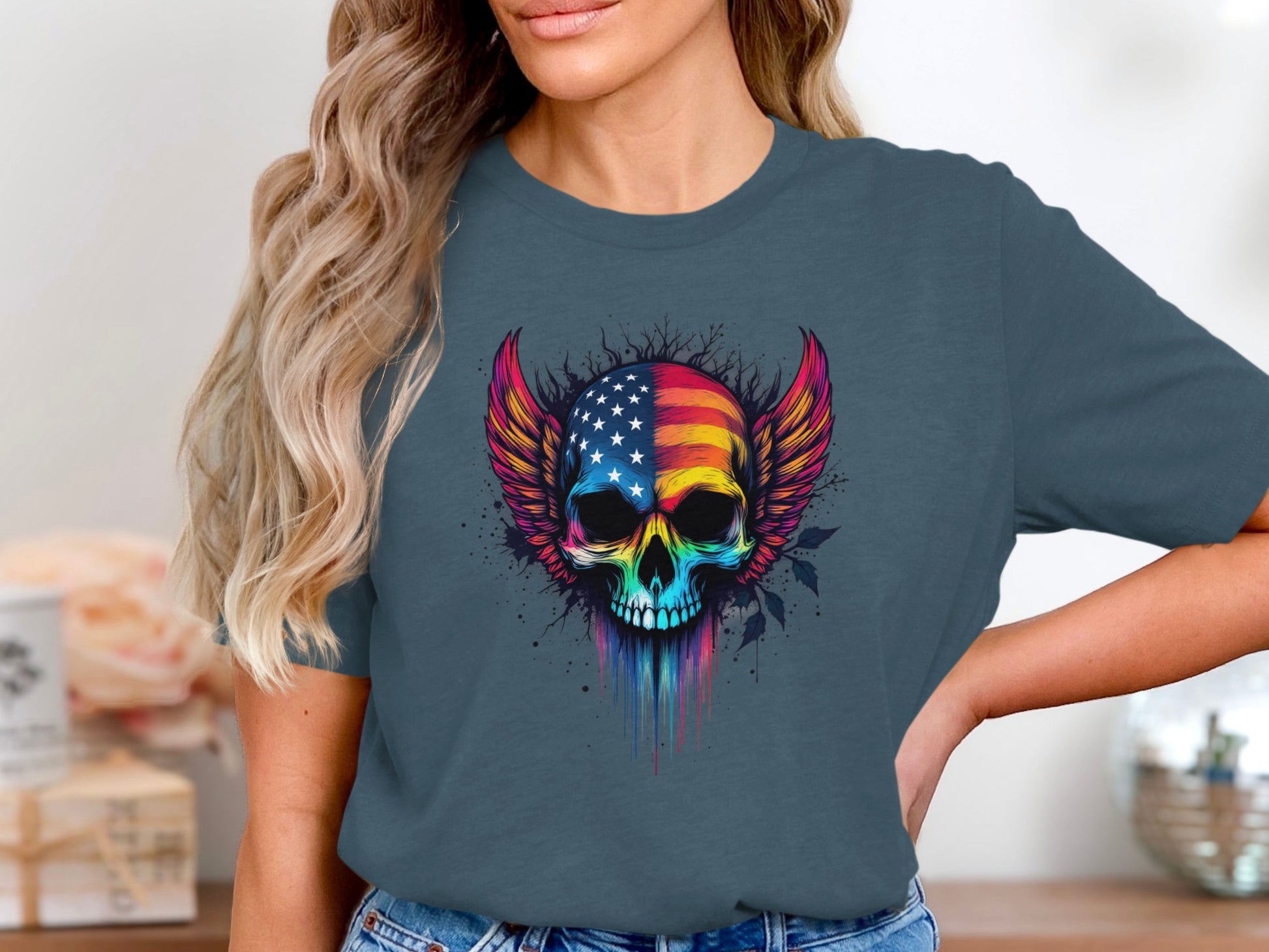 Vibrant Multicolor Skull With Wings Graphic T-Shirt product