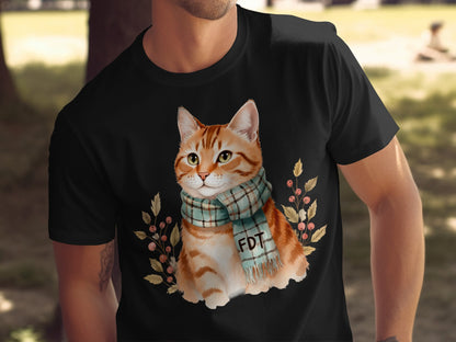 Charming Cat with Scarf Artistic Graphic T-Shirt