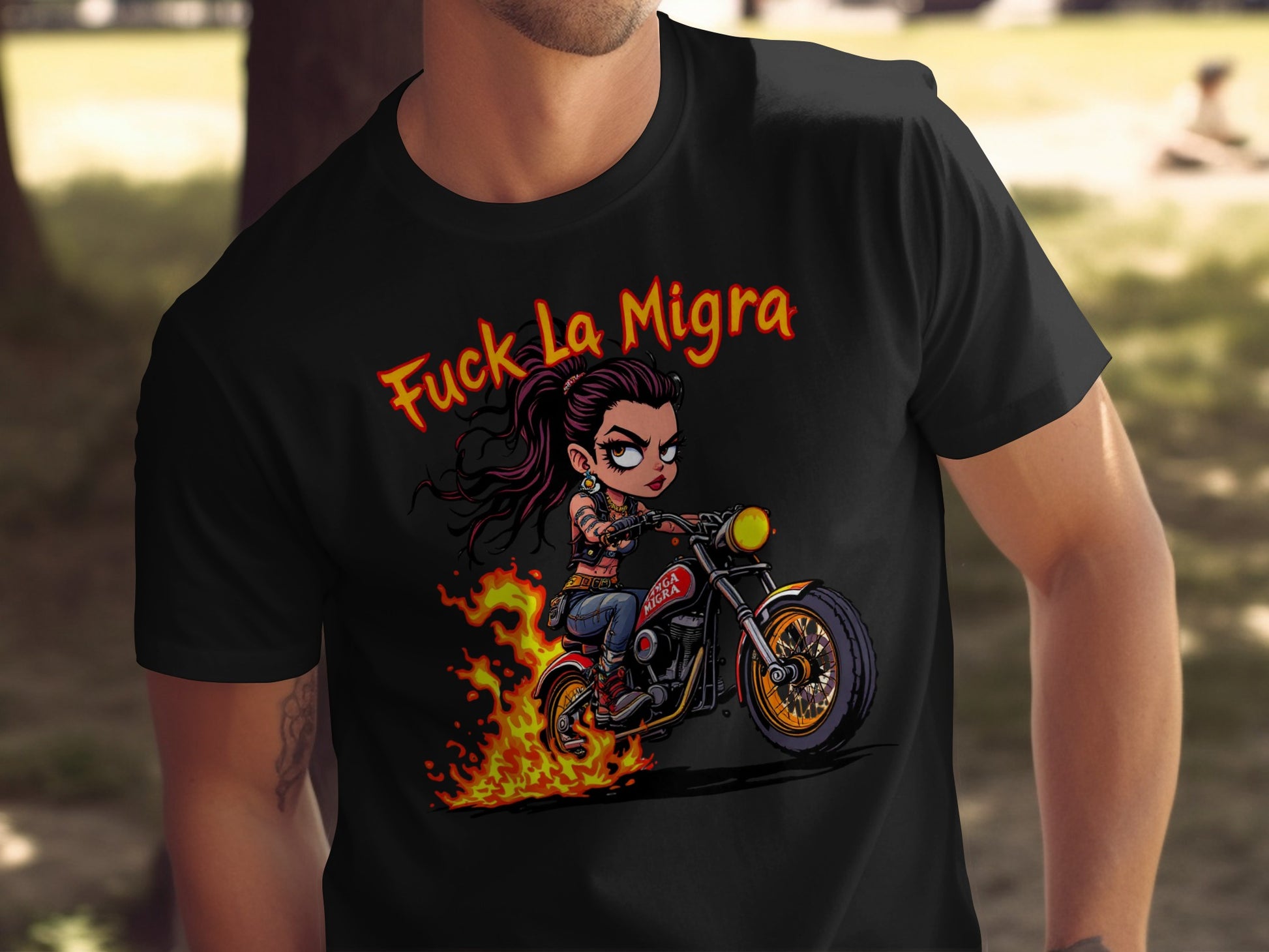 Fuck La Migra Biker Woman Graphic Novelty T-Shirt product type