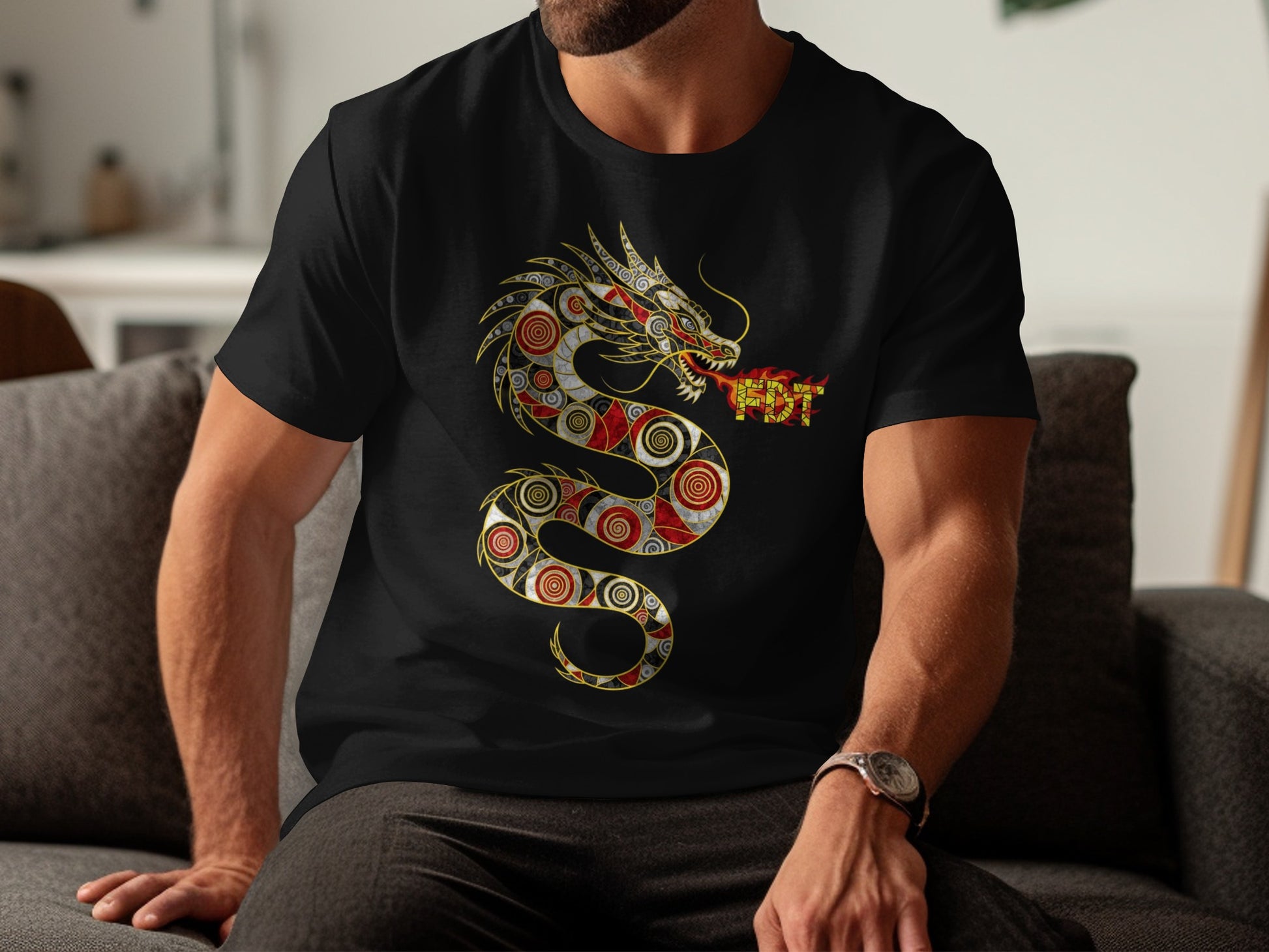 Bold Dragon Print Black and Red Graphic T-Shirt product