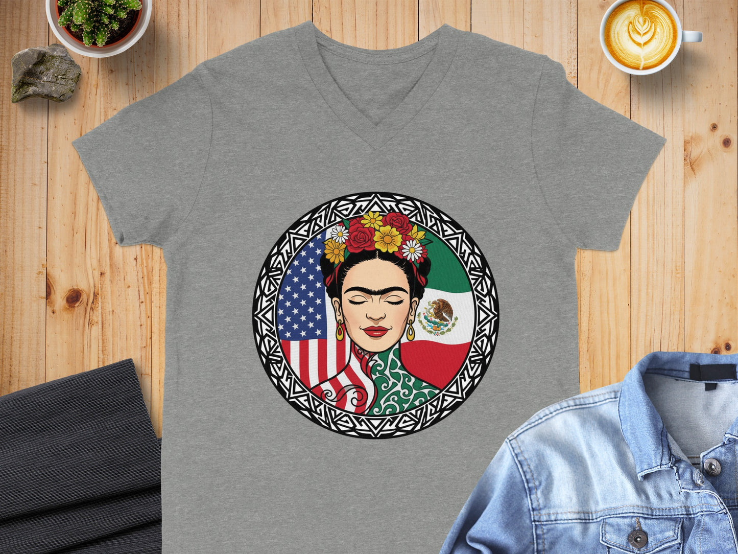 Frida Kahlo Artistic Mexican American Flag T-Shirt