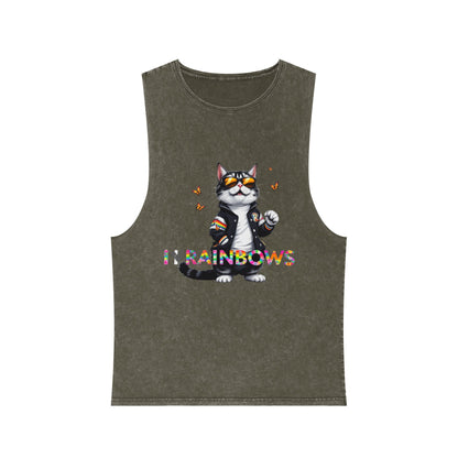 Unisex Stonewash Tank Top - Cute Cat with 'I Love Rainbows' Design