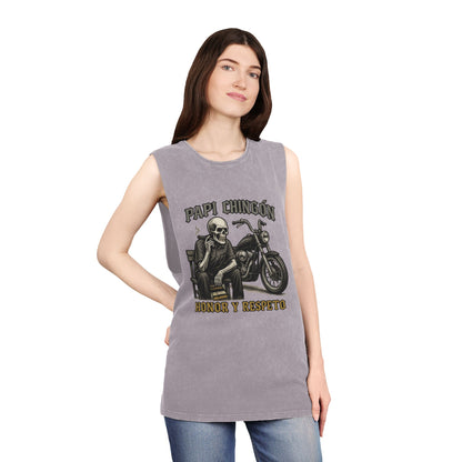 Unisex Stonewash Tank Top - Papi Chingón Skull Design, Casual Summer Wear, Motorcycle Lover Gift, Festival Outfit, Street Style