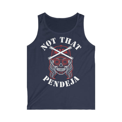 Navy tank top with sugar skull graphic and "NOT THAT PENDEJA" text.