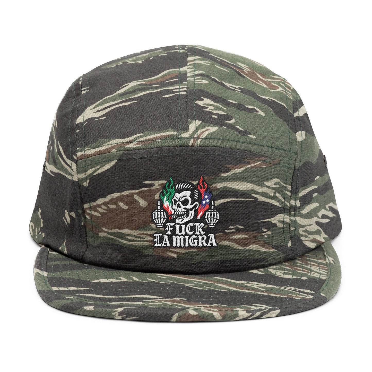 Fuck La Migra Hat Embroidered 5-Panel Cap — Skull with Mexican Flag Accent (Explicit Text)