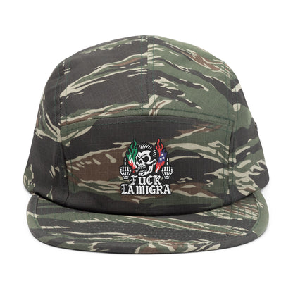 Fuck La Migra Hat Embroidered 5-Panel Cap — Skull with Mexican Flag Accent (Explicit Text)
