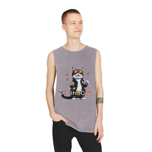 Unisex Stonewash Tank Top - Cute Cat with 'I Love Rainbows' Design