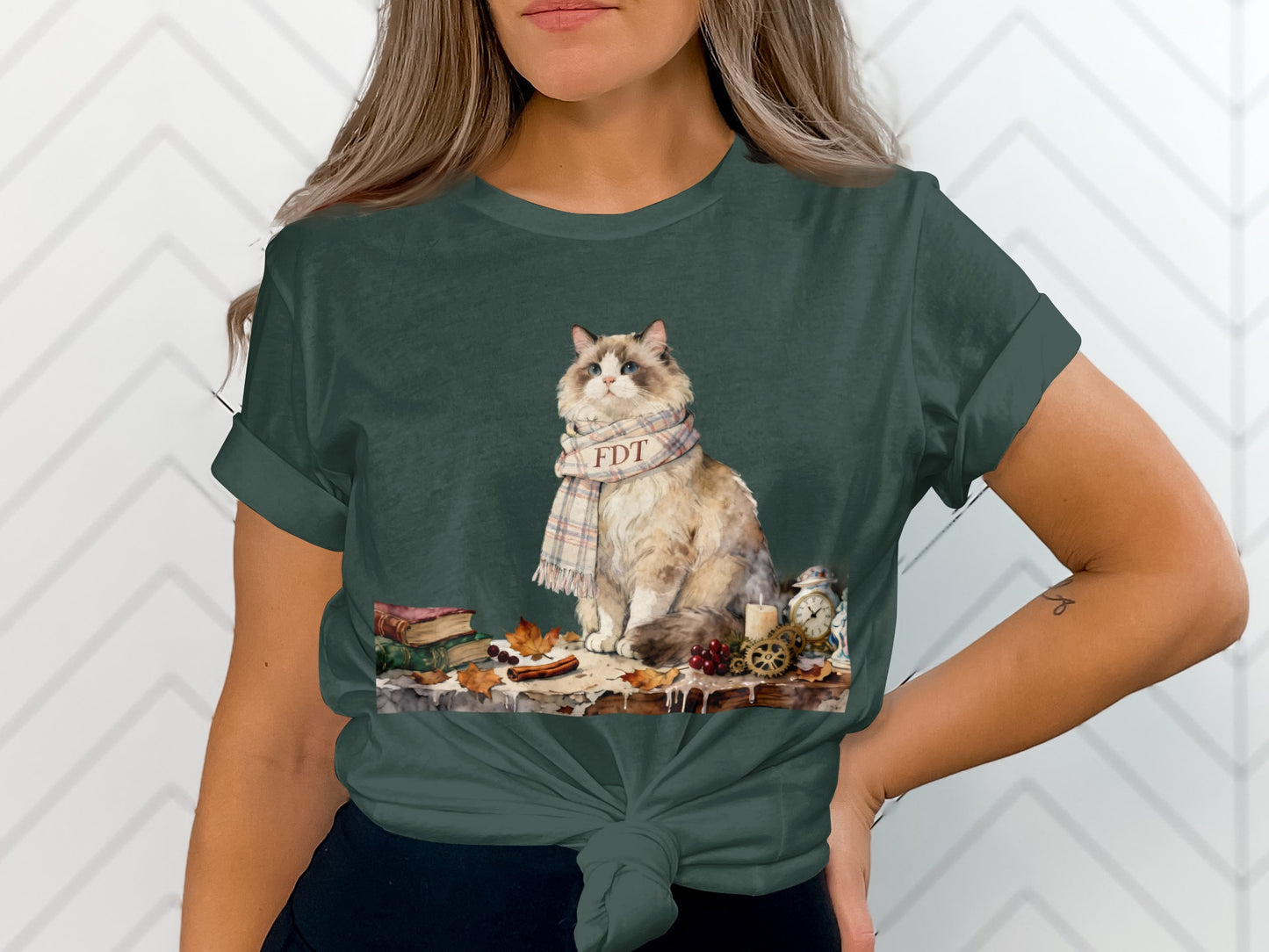 Cozy Cat Illustration on Dark Green Tee
