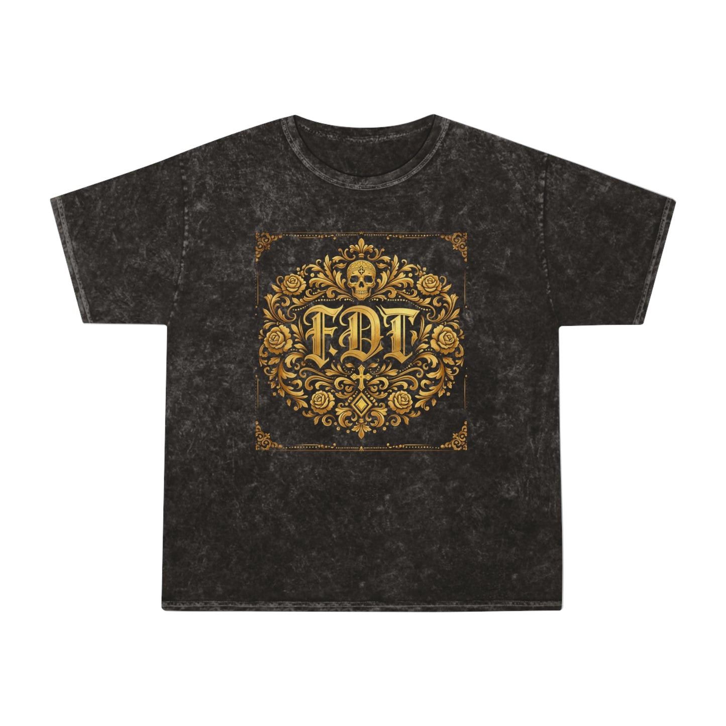 Anti Trump FDT Mineral Wash Tee USA Made  — Vintage Gold Fleur-de-Lis Crest "FDT" Graphic