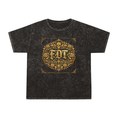Anti Trump FDT Mineral Wash Tee USA Made  — Vintage Gold Fleur-de-Lis Crest "FDT" Graphic