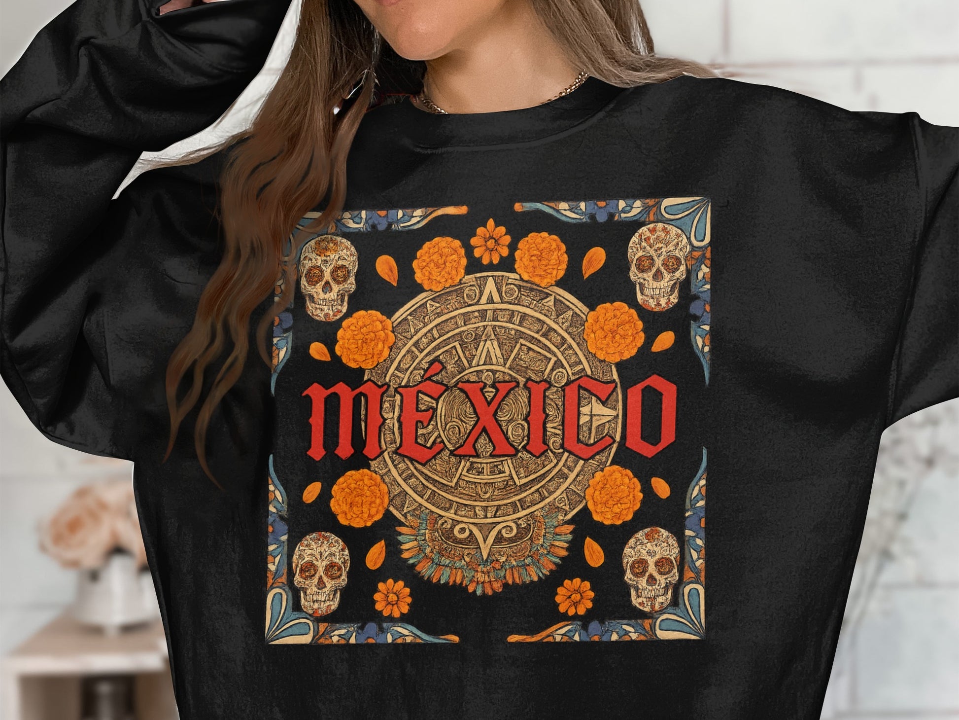 Aztec Skull and Marigold Mexico Themed Apparel