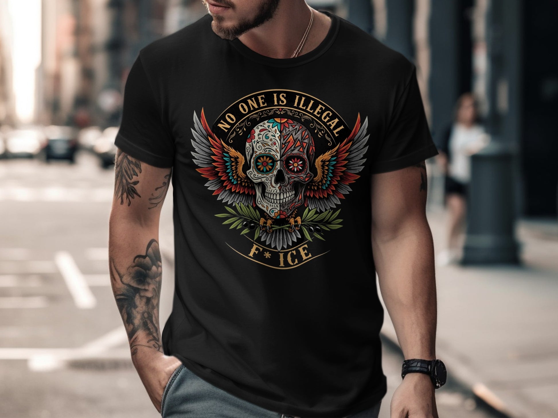 No One Is Illegal Skull Design Graphic Tee product