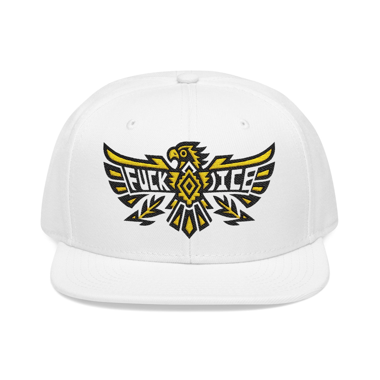 White snapback hat with black and yellow eagle graphic and "FUCK ICE" text.