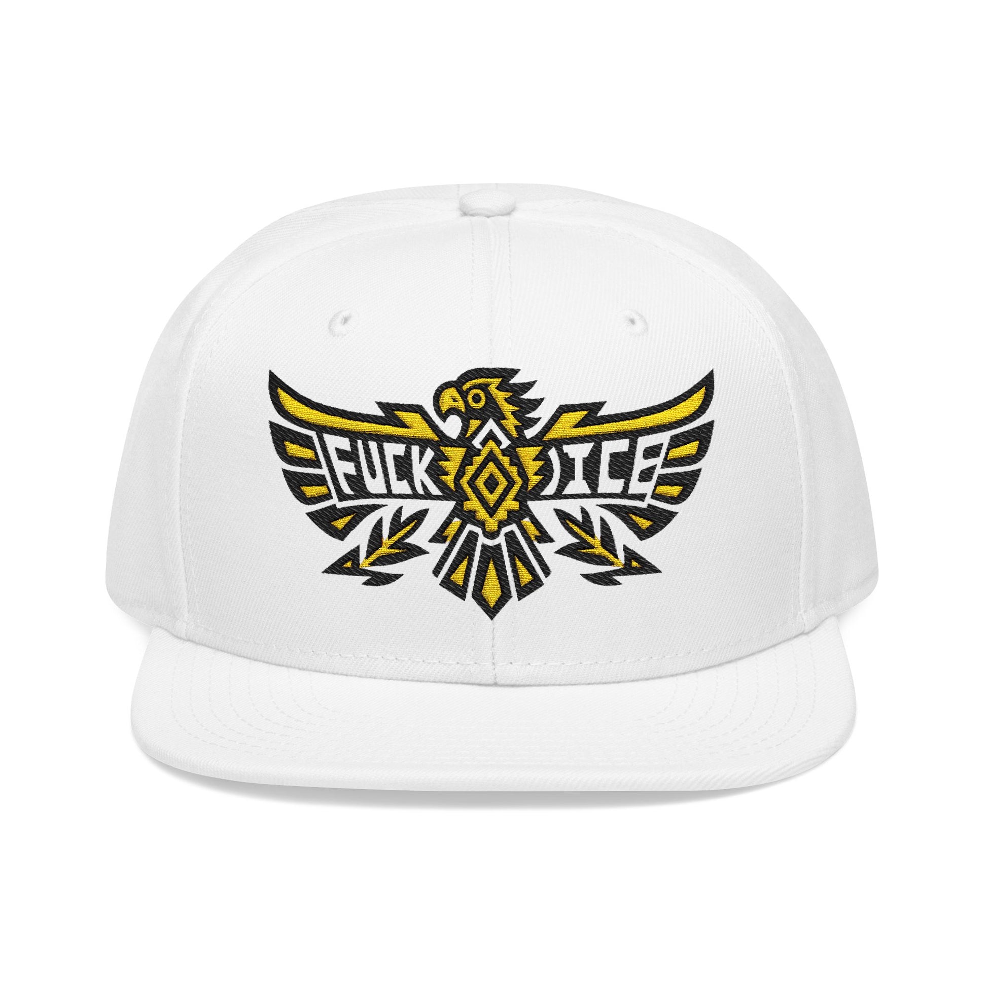 White snapback hat with black and yellow eagle graphic and "FUCK ICE" text.