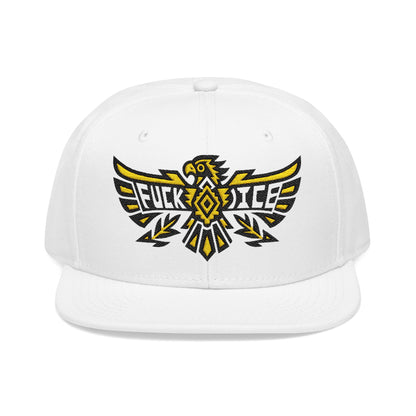 White snapback hat with black and yellow eagle graphic and "FUCK ICE" text.