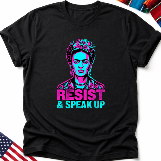 Frida Kahlo graphic tee with "RESIST & SPEAK UP" text.