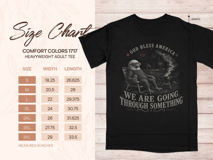 Size chart for Comfort Colors 1717 heavyweight adult tee with graphic.