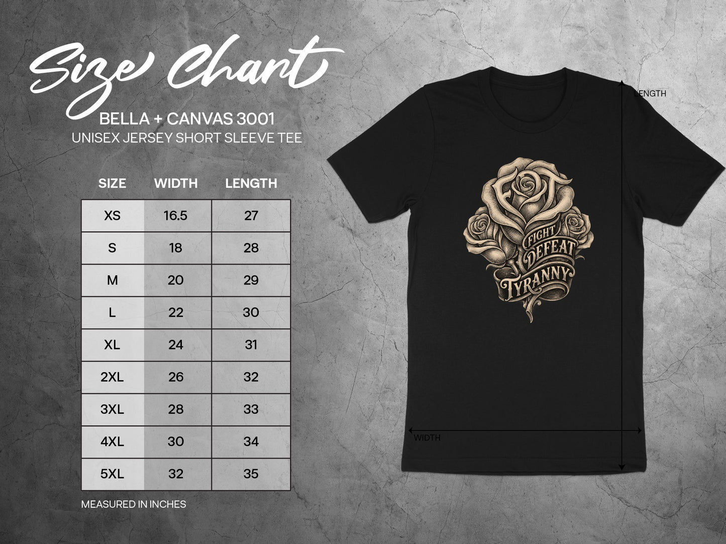 Bella + Canvas 3001 unisex t-shirt size chart with rose graphic.