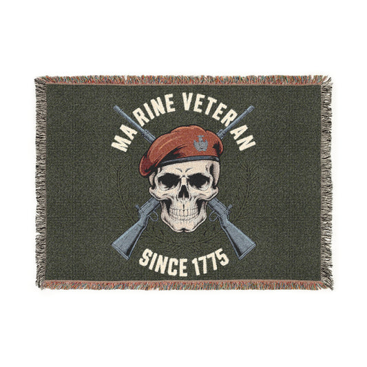 Marine Veteran Woven Blanket – "Since '75" Skull & Rifles Military Throw