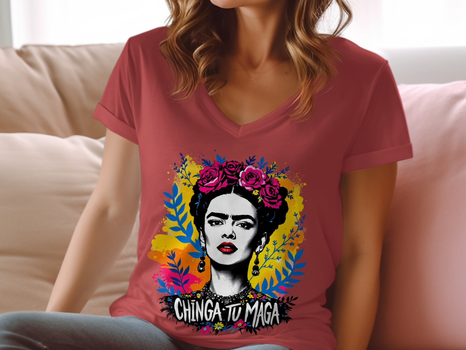 Vibrant Artistic Portrait with Flowers Statement Tee