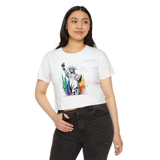 Pride corp top  Women's Festival Crop Top - Statue of Liberty Colorful Design for Summer Celebrations