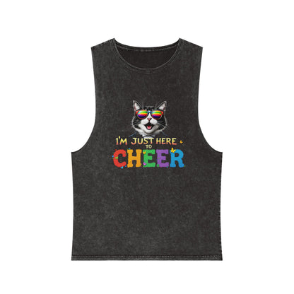 Unisex Stonewash Tank Top - Cheerful Cat Graphic Tee, Summer Fashion, Casual Wear, Gift for Cat Lovers, Fun & Unique Tank