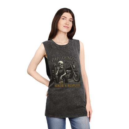 Unisex Stonewash Tank Top - Papi Chingón Skull Design, Casual Summer Wear, Motorcycle Lover Gift, Festival Outfit, Street Style