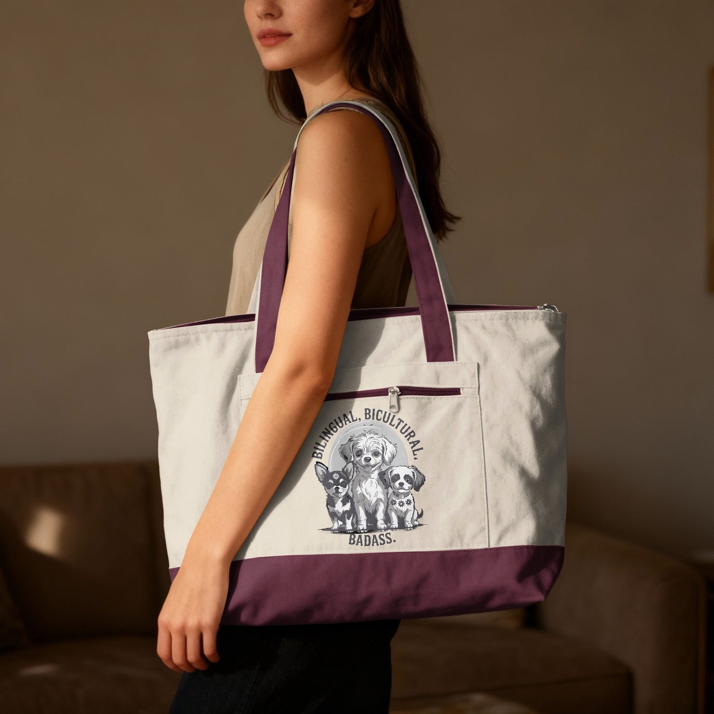 Canvas tote bag with three dogs and "Bilingual. Bicultural. Badass." text.