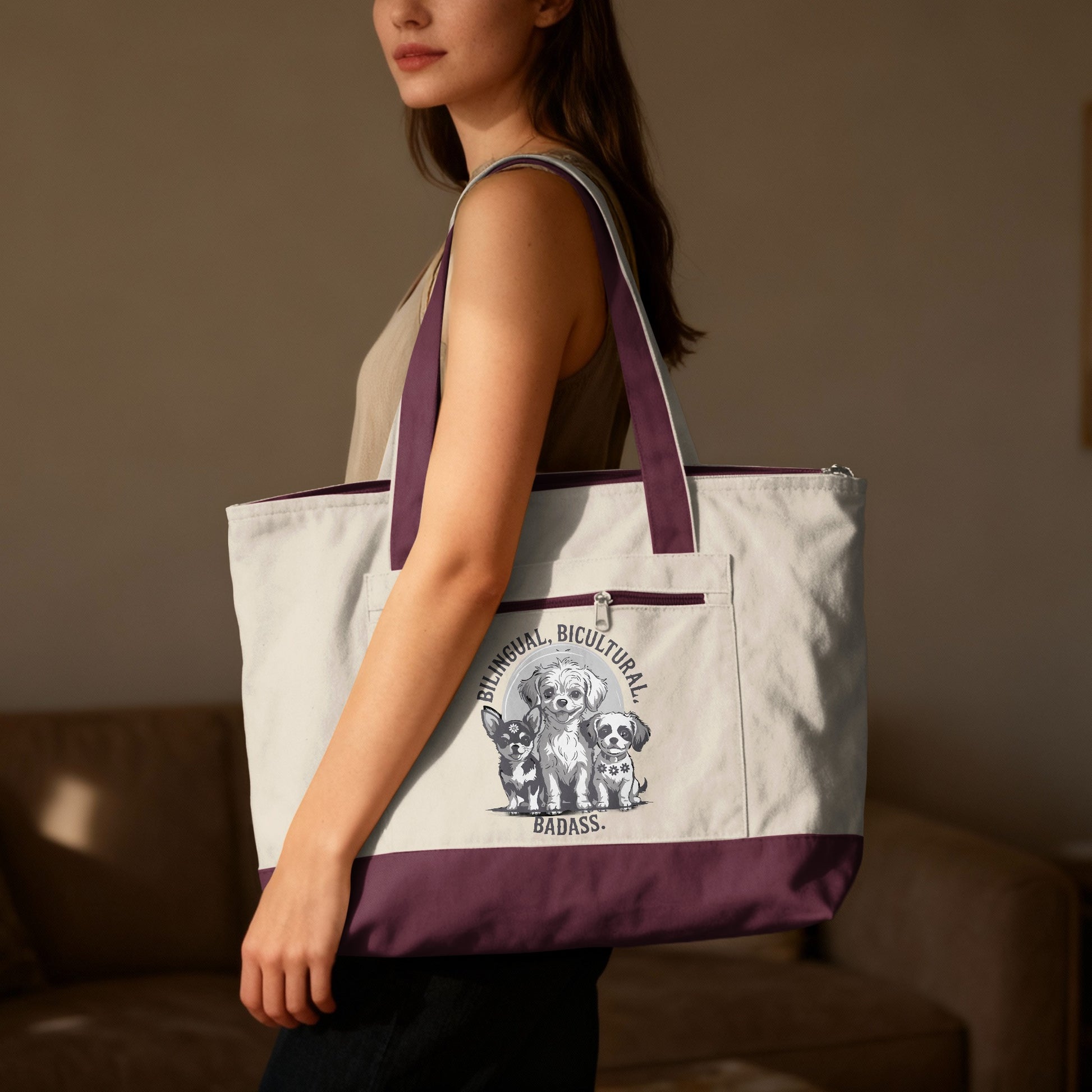Canvas tote bag with three dogs and "Bilingual. Bicultural. Badass." text.