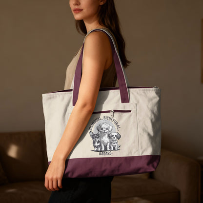 Canvas tote bag with three dogs and "Bilingual. Bicultural. Badass." text.
