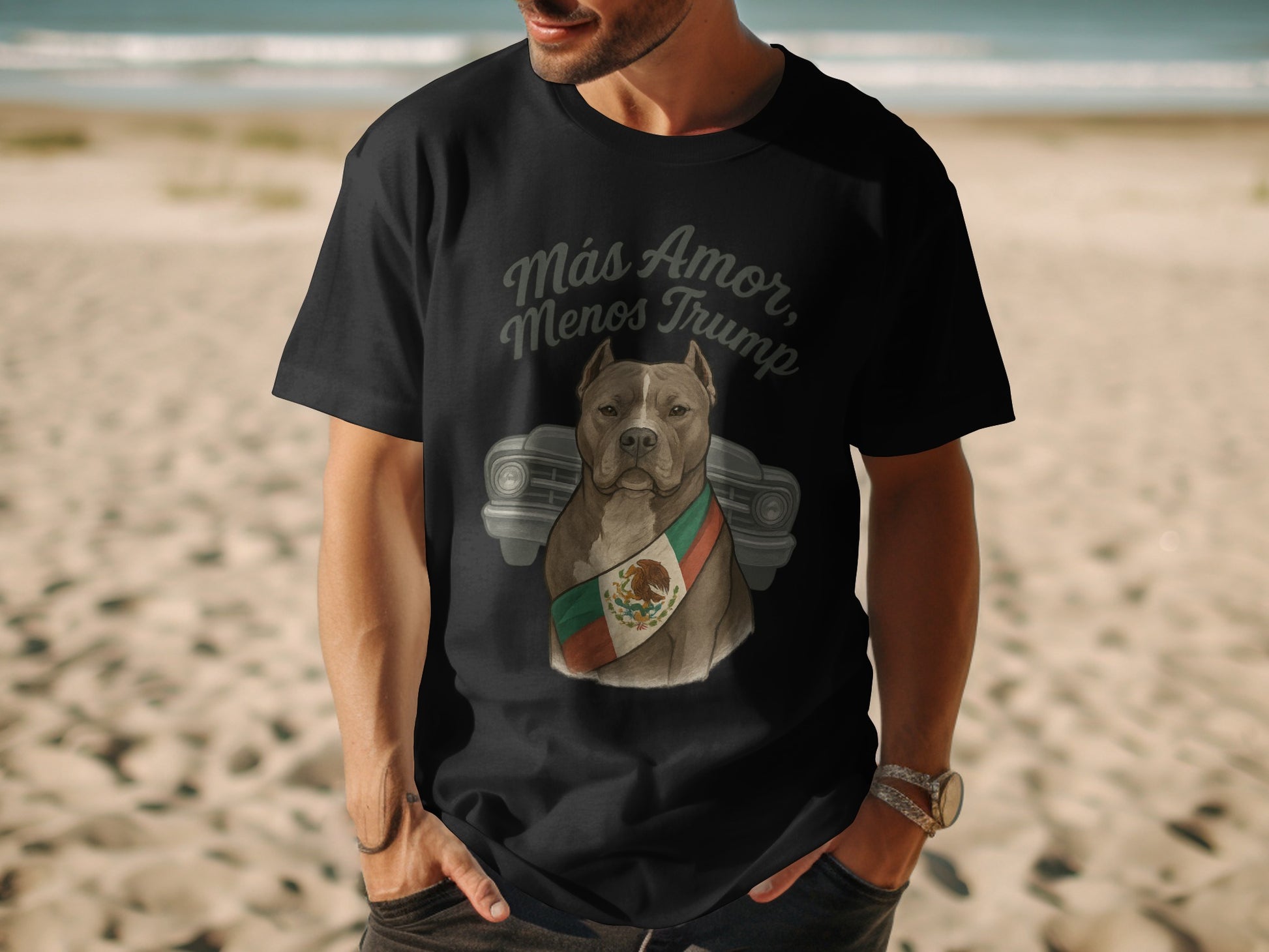 Más Amor Menos Trump Dog with Flag Graphic T-Shirt product