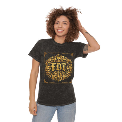 Anti Trump FDT Mineral Wash Tee USA Made  — Vintage Gold Fleur-de-Lis Crest "FDT" Graphic
