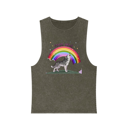 Pride Howl Unisex Stonewash Tank Top - Rainbow Husky Design
