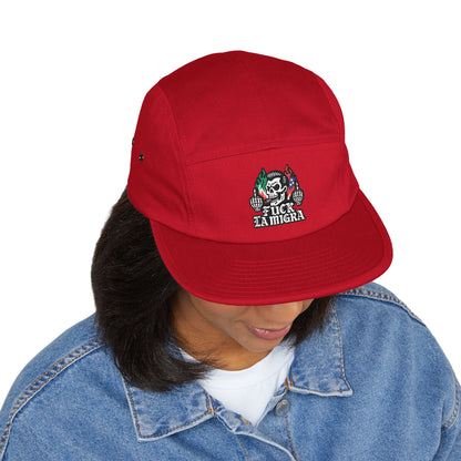 Fuck La Migra Hat Embroidered 5-Panel Cap — Skull with Mexican Flag Accent (Explicit Text)