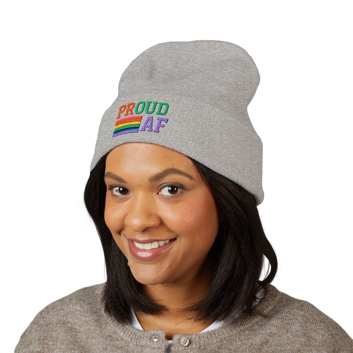 Proud AF Embroidered Beanie — Rainbow Pride Cuffed Hat