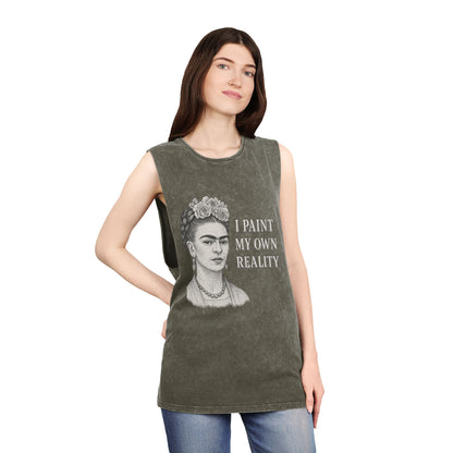 Frida Kahlo Inspirational Stonewash Tank Top, Unisex Graphic Muscle Shirt, Art Lover Gift, Bohemian Summer Top, Creative Reality Apparel