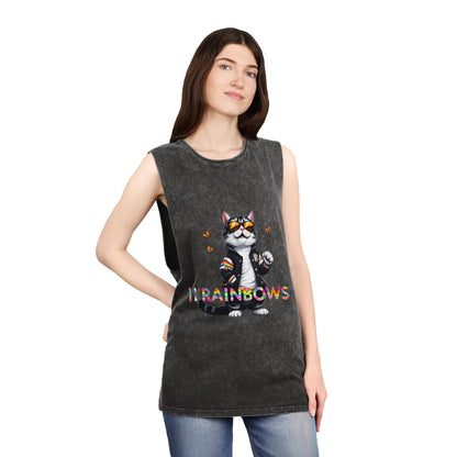 Unisex Stonewash Tank Top - Cute Cat with 'I Love Rainbows' Design