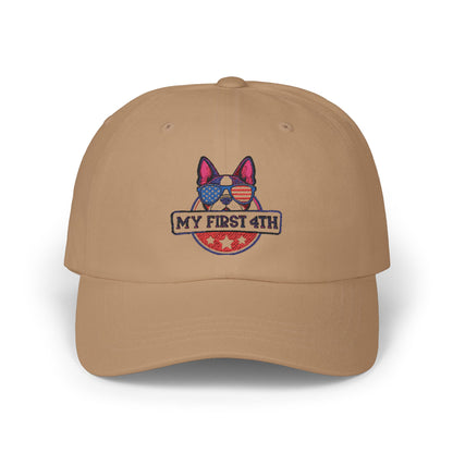 Patriotic Dog Dad Cap - 'My First 4th' Embroidered White Hat