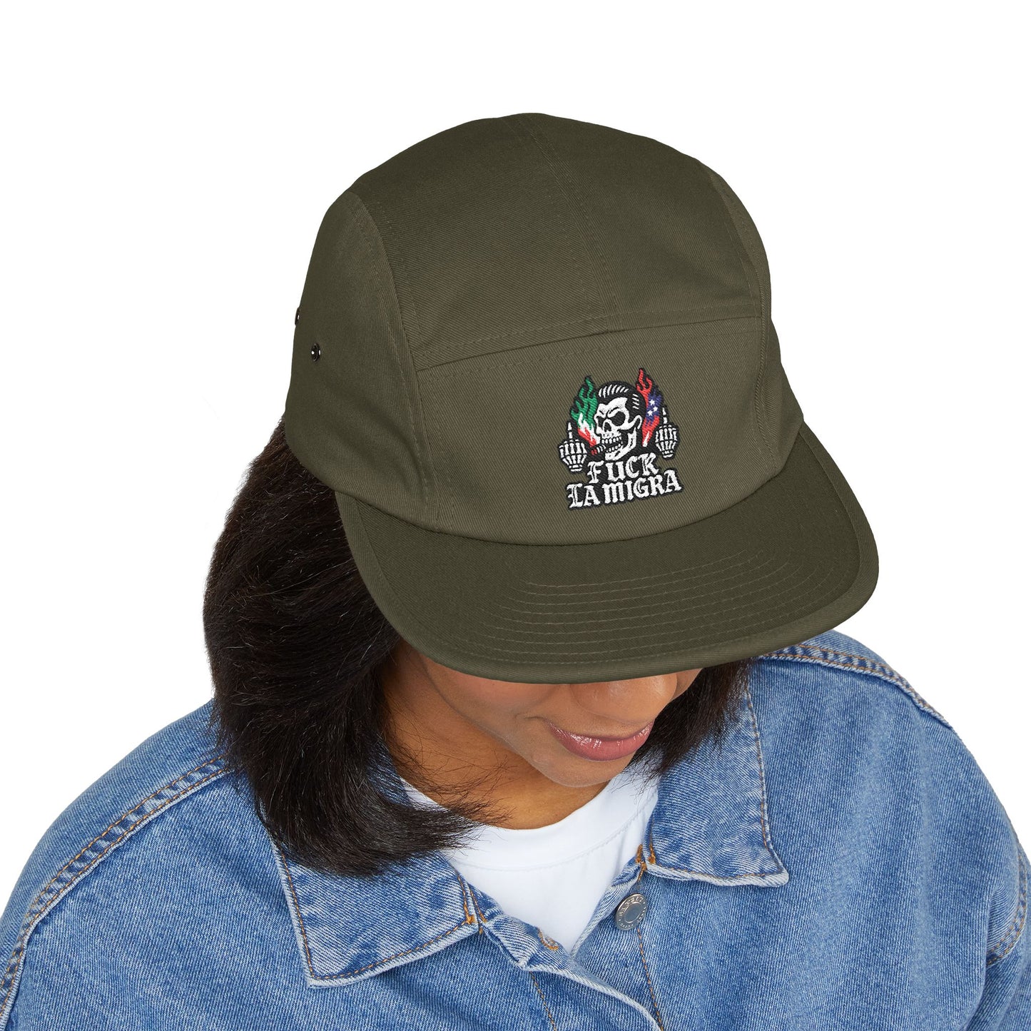 Fuck La Migra Hat Embroidered 5-Panel Cap — Skull with Mexican Flag Accent (Explicit Text)