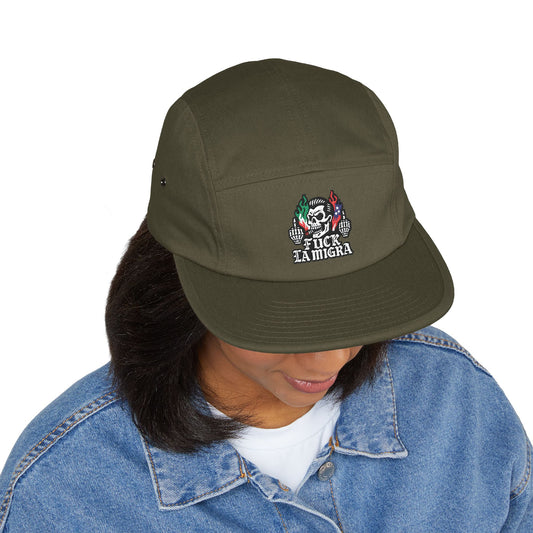 Fuck La Migra Hat Embroidered 5-Panel Cap — Skull with Mexican Flag Accent (Explicit Text)