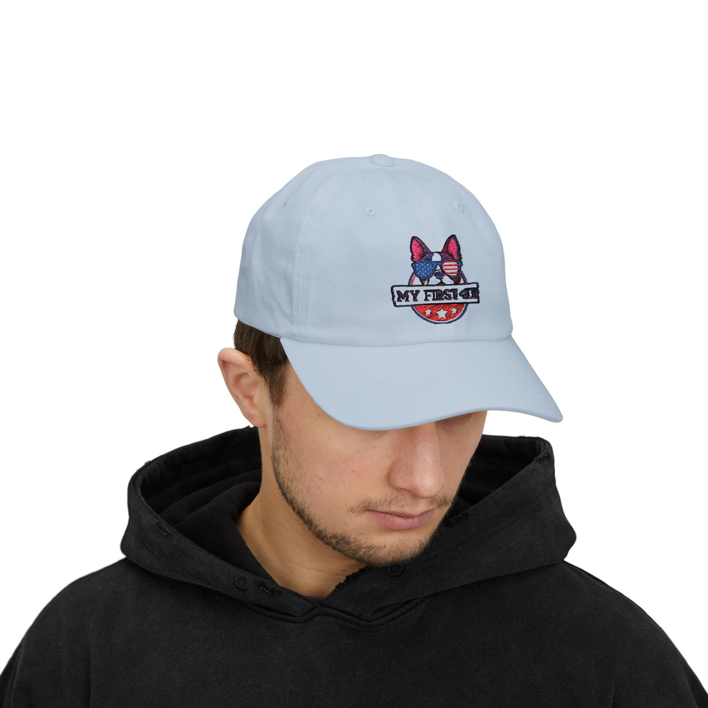 Patriotic Dog Dad Cap - 'My First 4th' Embroidered White Hat